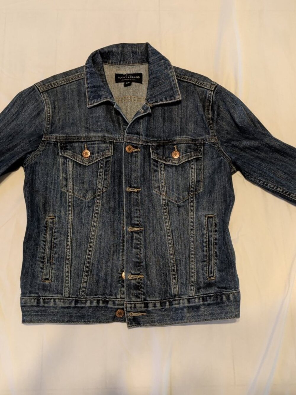 Lucky Brand Denim Trucker Jacket Dark Wash Womens S Copper Buttons